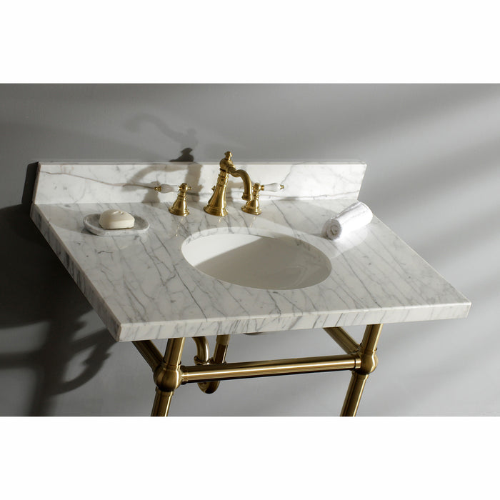 Kingston Heirloom KVPB36MB7 - Templeton 36-Inch Carrara Marble Vanity Top with Brass Legs (8-Inch, 3-Hole), Carrara Marble White/Brushed Brass