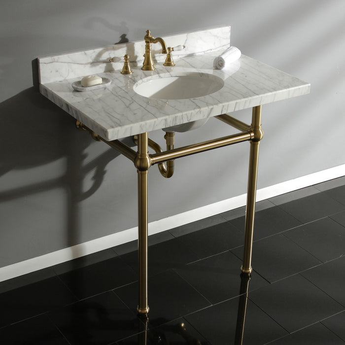 Kingston Heirloom KVPB36MB7 - Templeton 36-Inch Carrara Marble Vanity Top with Brass Legs (8-Inch, 3-Hole), Carrara Marble White/Brushed Brass