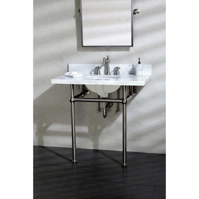 Kingston Heirloom KVPB36MB8 - Templeton 36-Inch Carrara Marble Vanity Top with Brass Legs (8-Inch, 3-Hole), Carrara Marble White/Brushed Nickel