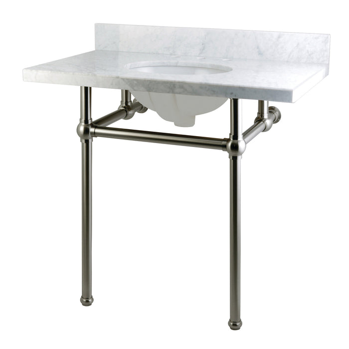 Kingston Heirloom KVPB36MB8 - Templeton 36-Inch Carrara Marble Vanity Top with Brass Legs (8-Inch, 3-Hole), Carrara Marble White/Brushed Nickel