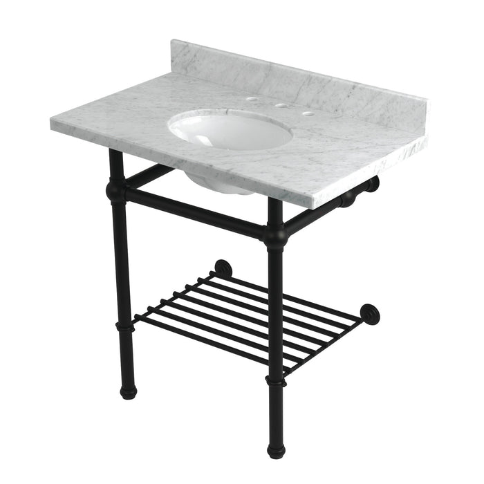Kingston Heirloom KVPB36MBB0 - Templeton 36-Inch Carrara Marble Console Sink with Brass Legs and Shelf (8-Inch, 3-Hole), Carrara Marble White/Matte Black