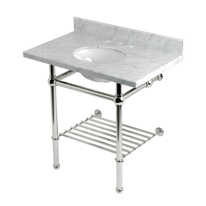 Kingston Heirloom KVPB36MBB6 - Templeton 36-Inch Carrara Marble Console Sink with Brass Legs and Shelf (8-Inch, 3-Hole), Carrara Marble White/Polished Nickel