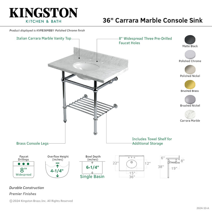 Kingston Heirloom KVPB36MBB8 - Templeton 36-Inch Carrara Marble Console Sink with Brass Legs and Shelf (8-Inch, 3-Hole), Carrara Marble White/Brushed Nickel
