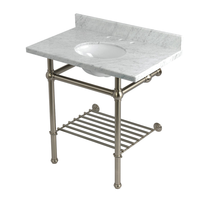 Kingston Heirloom KVPB36MBB8 - Templeton 36-Inch Carrara Marble Console Sink with Brass Legs and Shelf (8-Inch, 3-Hole), Carrara Marble White/Brushed Nickel