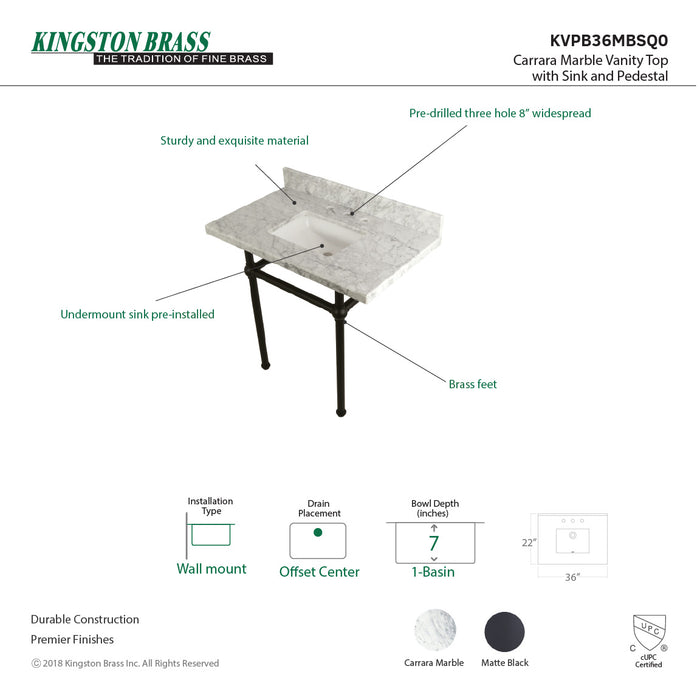 Kingston Heirloom KVPB36MBSQ0 - Templeton 36-Inch Carrara Marble Vanity Top with Brass Legs (8-Inch, 3-Hole), Carrara Marble White/Matte Black