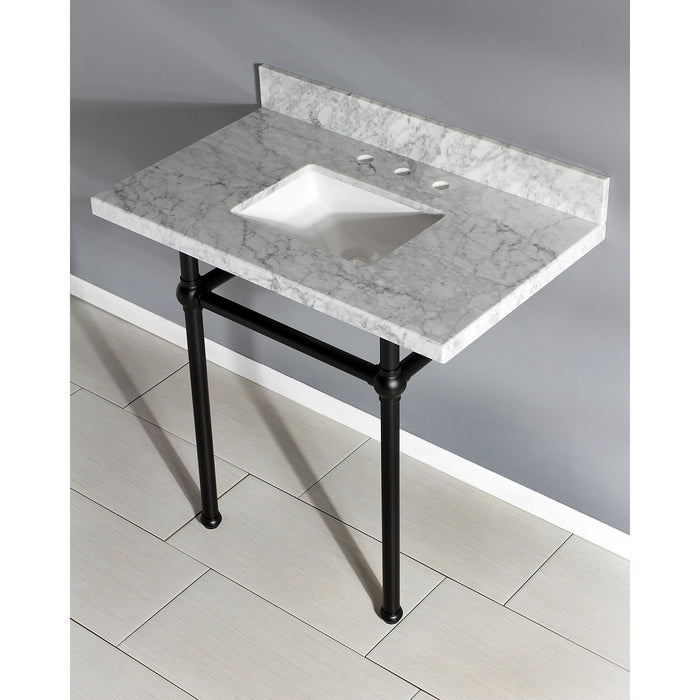 Kingston Heirloom KVPB36MBSQ0 - Templeton 36-Inch Carrara Marble Vanity Top with Brass Legs (8-Inch, 3-Hole), Carrara Marble White/Matte Black