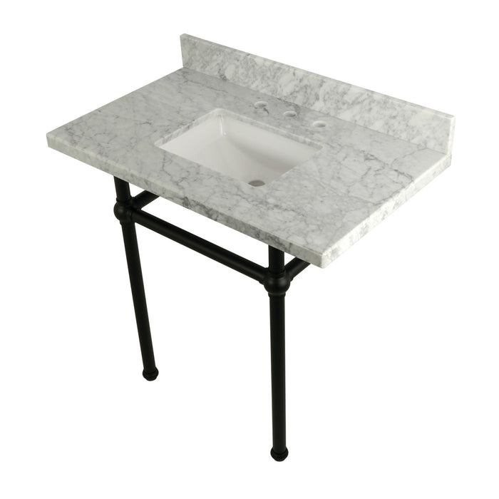 Kingston Heirloom KVPB36MBSQ0 - Templeton 36-Inch Carrara Marble Vanity Top with Brass Legs (8-Inch, 3-Hole), Carrara Marble White/Matte Black