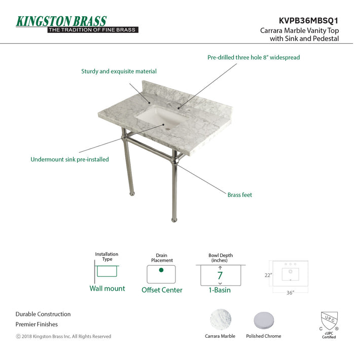 Kingston Heirloom KVPB36MBSQ1 - Templeton 36-Inch Carrara Marble Vanity Top with Brass Legs (8-Inch, 3-Hole), Carrara Marble White/Polished Chrome