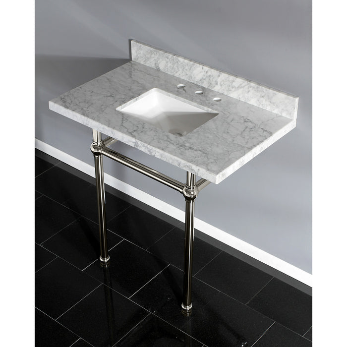 Kingston Heirloom KVPB36MBSQ6 - Templeton 36-Inch Carrara Marble Vanity Top with Brass Legs (8-Inch, 3-Hole), Carrara Marble White/Polished Nickel