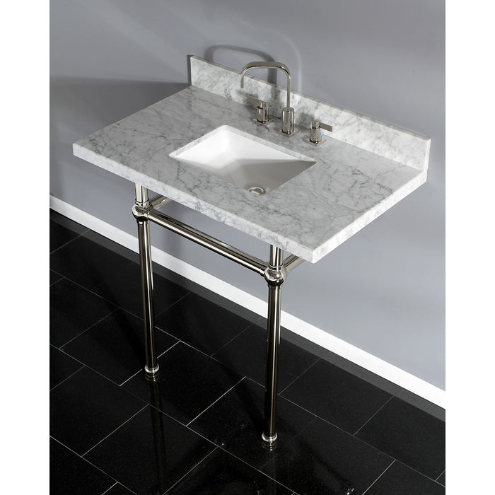 Kingston Heirloom KVPB36MBSQ6 - Templeton 36-Inch Carrara Marble Vanity Top with Brass Legs (8-Inch, 3-Hole), Carrara Marble White/Polished Nickel