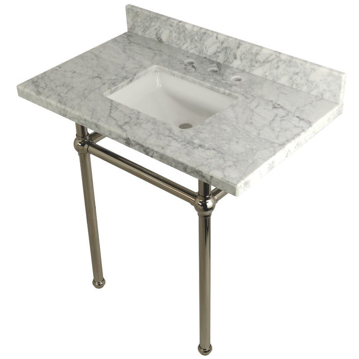 Kingston Heirloom KVPB36MBSQ6 - Templeton 36-Inch Carrara Marble Vanity Top with Brass Legs (8-Inch, 3-Hole), Carrara Marble White/Polished Nickel