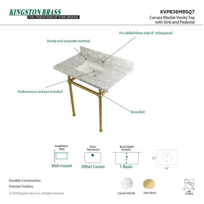 Kingston Heirloom KVPB36MBSQ7 - Templeton 36-Inch Carrara Marble Vanity Top with Brass Legs (8-Inch, 3-Hole), Carrara Marble White/Brushed Brass