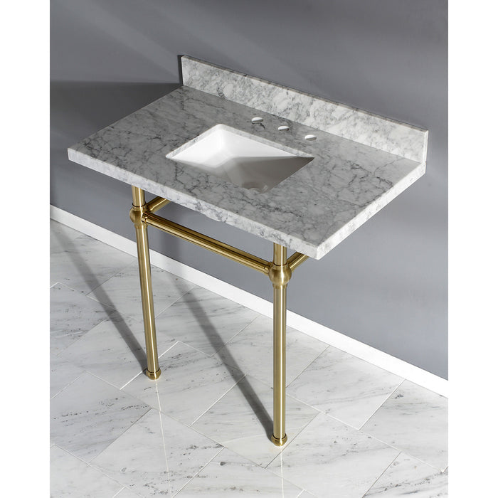 Kingston Heirloom KVPB36MBSQ7 - Templeton 36-Inch Carrara Marble Vanity Top with Brass Legs (8-Inch, 3-Hole), Carrara Marble White/Brushed Brass