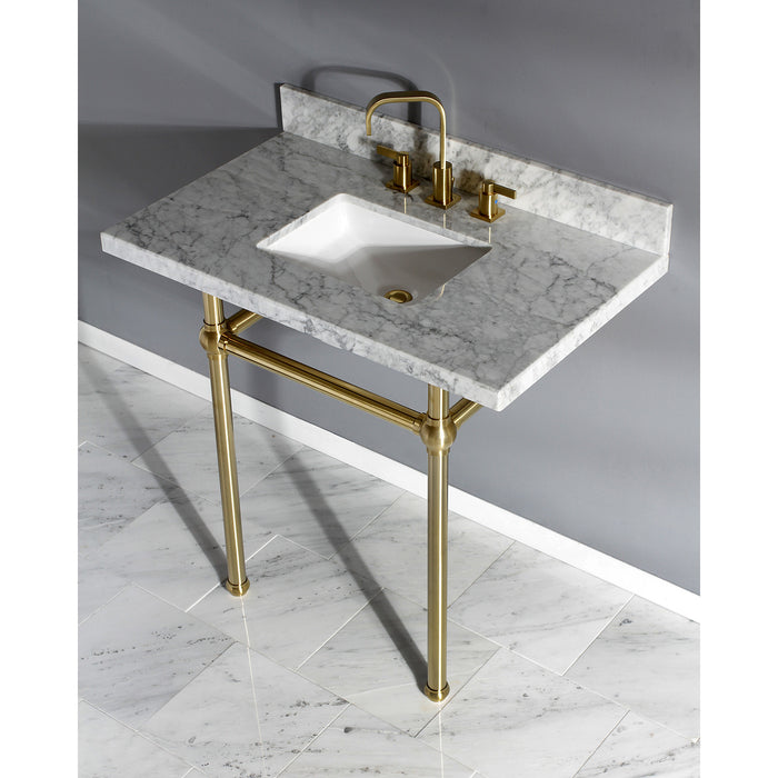 Kingston Heirloom KVPB36MBSQ7 - Templeton 36-Inch Carrara Marble Vanity Top with Brass Legs (8-Inch, 3-Hole), Carrara Marble White/Brushed Brass