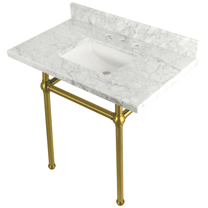 Kingston Heirloom KVPB36MBSQ7 - Templeton 36-Inch Carrara Marble Vanity Top with Brass Legs (8-Inch, 3-Hole), Carrara Marble White/Brushed Brass