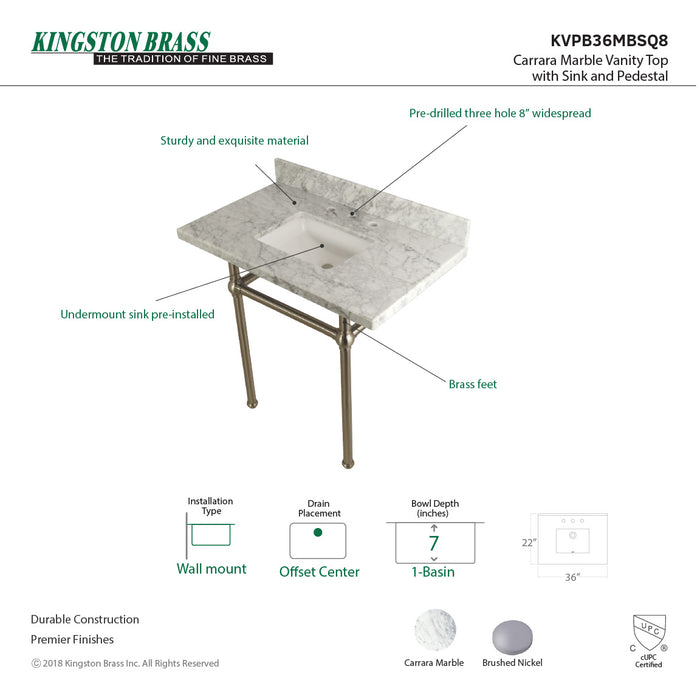 Kingston Heirloom KVPB36MBSQ8 - Templeton 36-Inch Carrara Marble Vanity Top with Brass Legs (8-Inch, 3-Hole), Carrara Marble White/Brushed Nickel