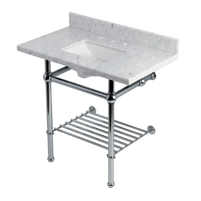 Kingston Heirloom KVPB36MBSQB1 - Templeton 36-Inch Carrara Marble Console Sink with Brass Legs and Shelf (8-Inch, 3-Hole), Carrara Marble White/Polished Chrome