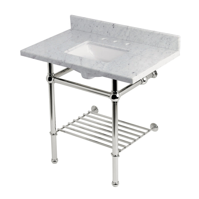 Kingston Heirloom KVPB36MBSQB6 - Templeton 36-Inch Carrara Marble Console Sink with Brass Legs and Shelf (8-Inch, 3-Hole), Carrara Marble White/Polished Nickel