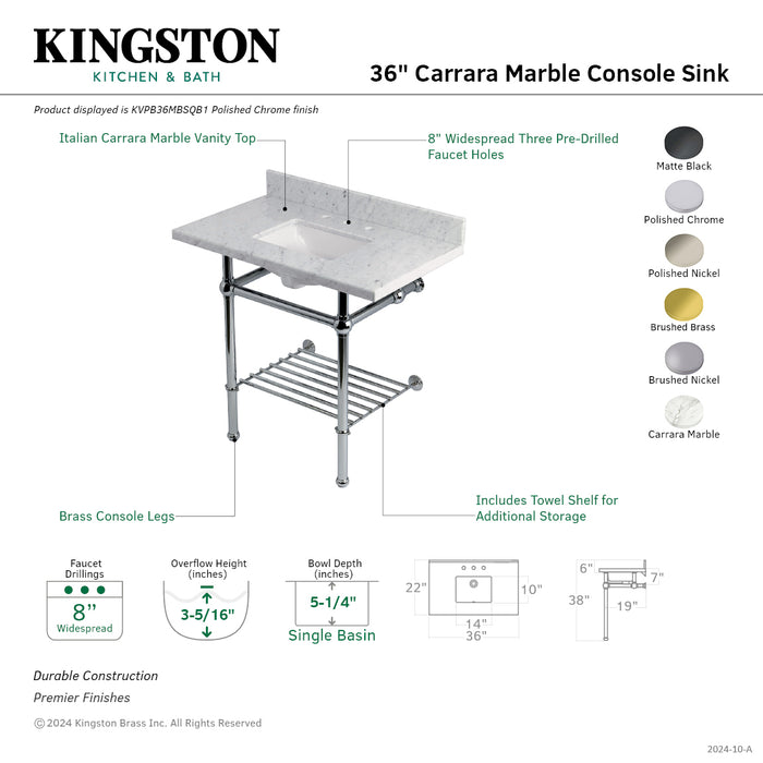 Kingston Heirloom KVPB36MBSQB8 - Templeton 36-Inch Carrara Marble Console Sink with Brass Legs and Shelf (8-Inch, 3-Hole), Carrara Marble White/Brushed Nickel