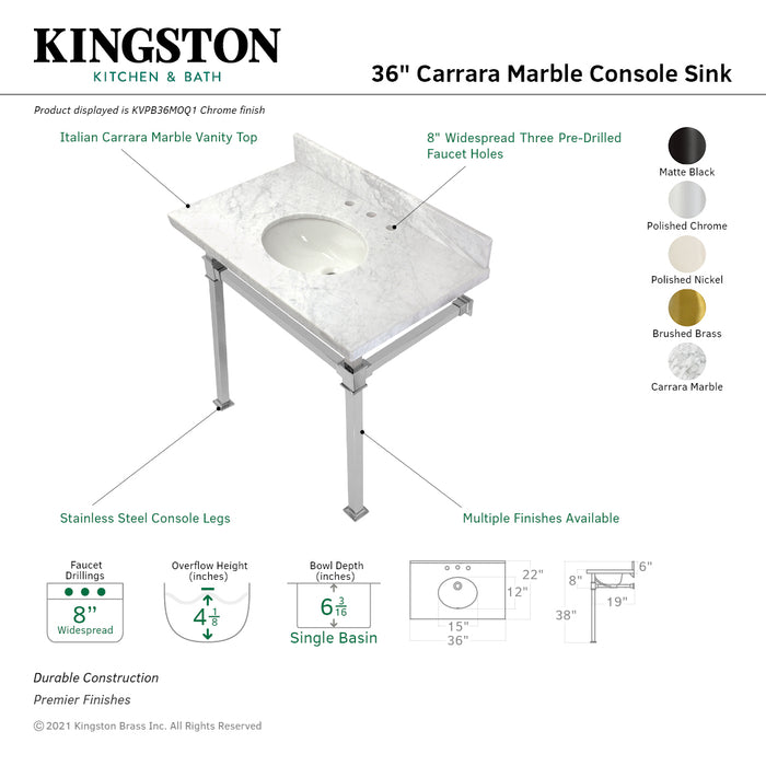 Kingston Sona KVPB36MOQ0 - Monarch 36-Inch Carrara Marble Console Sink with Stainless Steel Legs (8-Inch, 3-Hole), Carrara Marble White/Matte Black