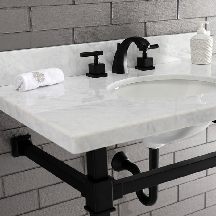 Kingston Sona KVPB36MOQ0 - Monarch 36-Inch Carrara Marble Console Sink with Stainless Steel Legs (8-Inch, 3-Hole), Carrara Marble White/Matte Black