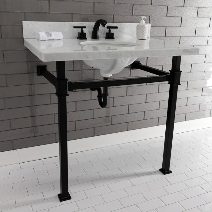 Kingston Sona KVPB36MOQ0 - Monarch 36-Inch Carrara Marble Console Sink with Stainless Steel Legs (8-Inch, 3-Hole), Carrara Marble White/Matte Black