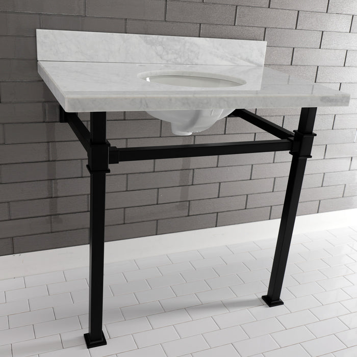 Kingston Sona KVPB36MOQ0 - Monarch 36-Inch Carrara Marble Console Sink with Stainless Steel Legs (8-Inch, 3-Hole), Carrara Marble White/Matte Black