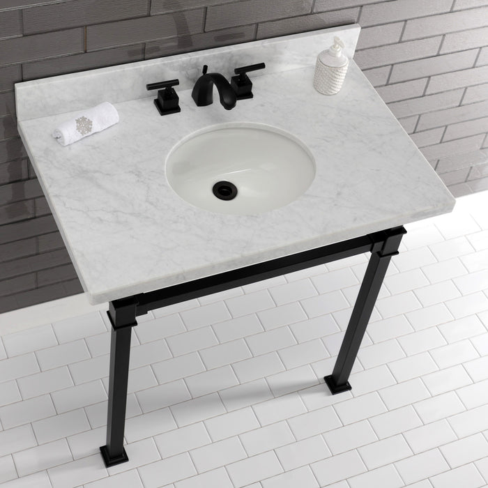 Kingston Sona KVPB36MOQ0 - Monarch 36-Inch Carrara Marble Console Sink with Stainless Steel Legs (8-Inch, 3-Hole), Carrara Marble White/Matte Black