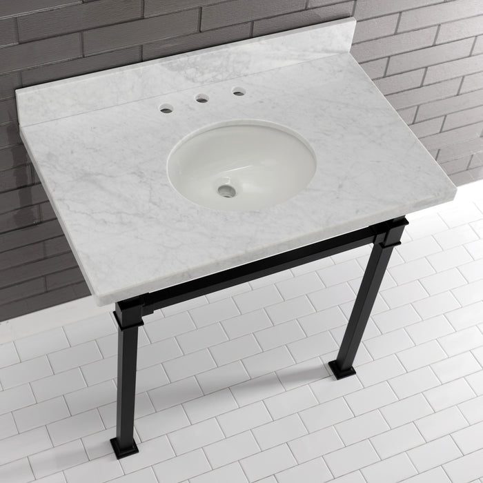 Kingston Sona KVPB36MOQ0 - Monarch 36-Inch Carrara Marble Console Sink with Stainless Steel Legs (8-Inch, 3-Hole), Carrara Marble White/Matte Black
