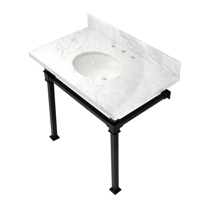 Kingston Sona KVPB36MOQ0 - Monarch 36-Inch Carrara Marble Console Sink with Stainless Steel Legs (8-Inch, 3-Hole), Carrara Marble White/Matte Black