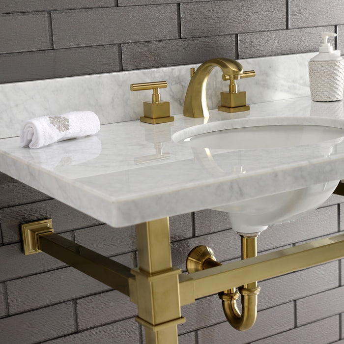 Kingston Sona KVPB36MOQ7 - Monarch 36-Inch Carrara Marble Console Sink with Stainless Steel Legs (8-Inch, 3-Hole), Carrara Marble White/Brushed Brass