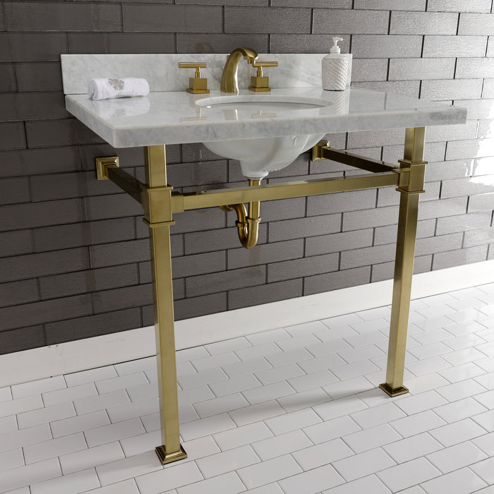 Kingston Sona KVPB36MOQ7 - Monarch 36-Inch Carrara Marble Console Sink with Stainless Steel Legs (8-Inch, 3-Hole), Carrara Marble White/Brushed Brass