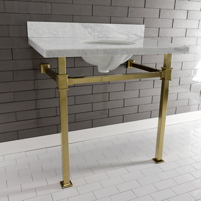 Kingston Sona KVPB36MOQ7 - Monarch 36-Inch Carrara Marble Console Sink with Stainless Steel Legs (8-Inch, 3-Hole), Carrara Marble White/Brushed Brass