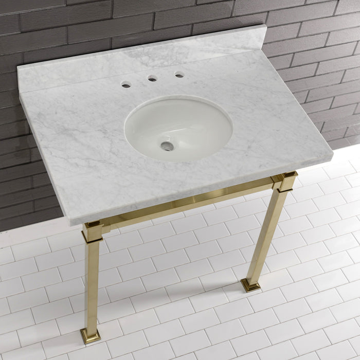 Kingston Sona KVPB36MOQ7 - Monarch 36-Inch Carrara Marble Console Sink with Stainless Steel Legs (8-Inch, 3-Hole), Carrara Marble White/Brushed Brass