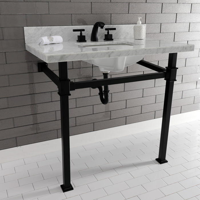 Kingston Sona KVPB36MSQ0 - Monarch 36-Inch Carrara Marble Console Sink with Stainless Steel Legs (8-Inch, 3-Hole), Carrara Marble White/Matte Black