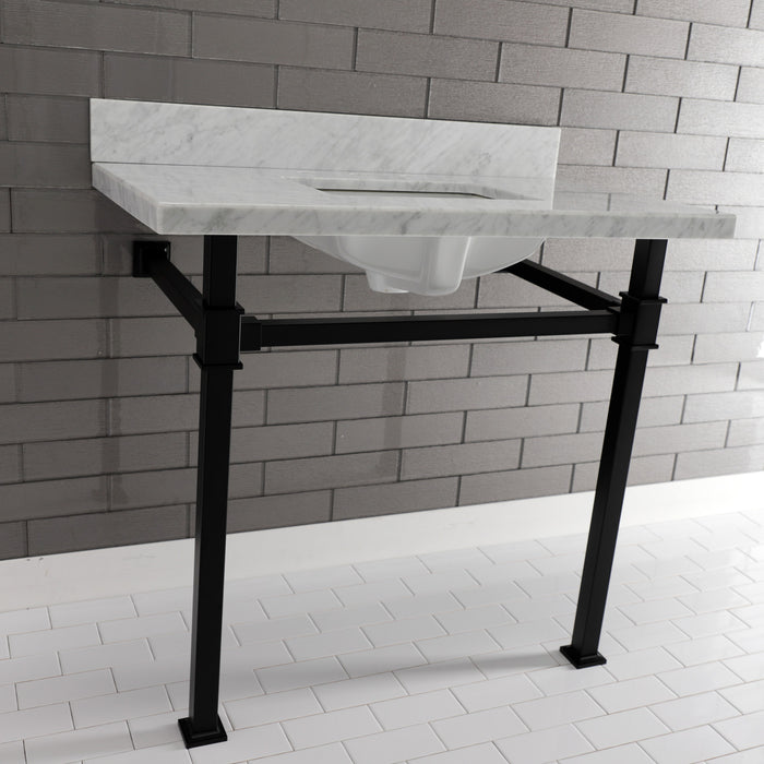 Kingston Sona KVPB36MSQ0 - Monarch 36-Inch Carrara Marble Console Sink with Stainless Steel Legs (8-Inch, 3-Hole), Carrara Marble White/Matte Black