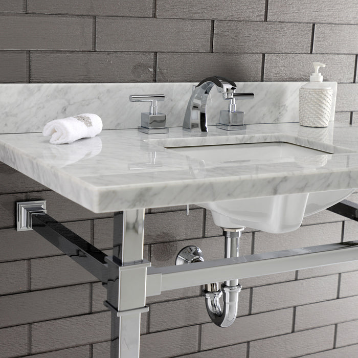 Kingston Sona KVPB36MSQ1 - Monarch 36-Inch Carrara Marble Console Sink with Stainless Steel Legs (8-Inch, 3-Hole), Carrara Marble White/Polished Chrome