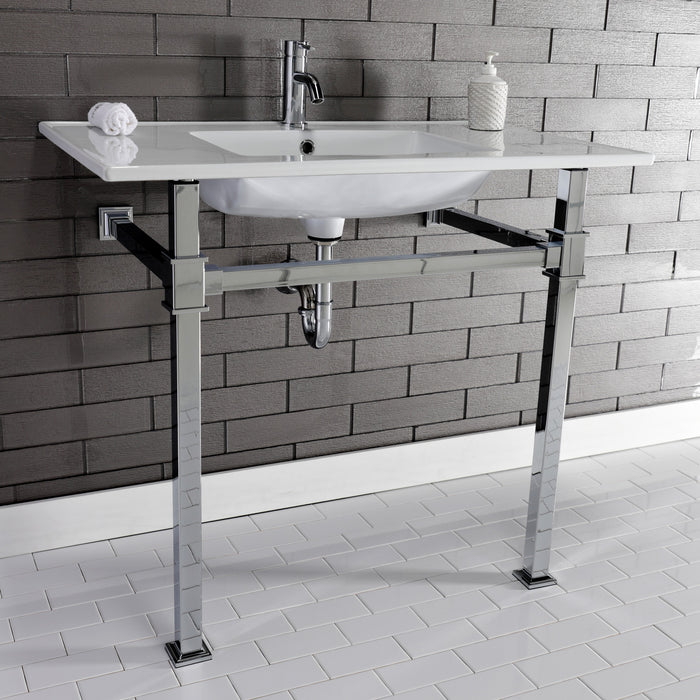 Kingston Sona KVPB37221Q1 - Monarch 37-Inch Ceramic Console Sink with Stainless Steel Legs (1-Hole), White/Polished Chrome