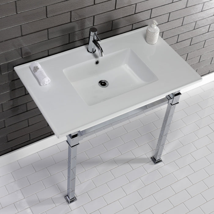 Kingston Sona KVPB37221Q1 - Monarch 37-Inch Ceramic Console Sink with Stainless Steel Legs (1-Hole), White/Polished Chrome