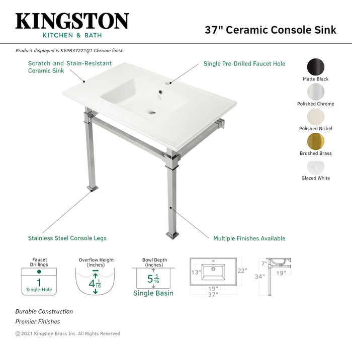 Kingston Sona KVPB37221Q6 - Monarch 37-Inch Ceramic Console Sink with Stainless Steel Legs (1-Hole), White/Polished Nickel