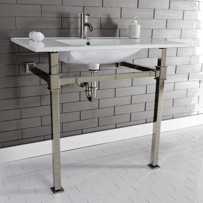 Kingston Sona KVPB37221Q6 - Monarch 37-Inch Ceramic Console Sink with Stainless Steel Legs (1-Hole), White/Polished Nickel