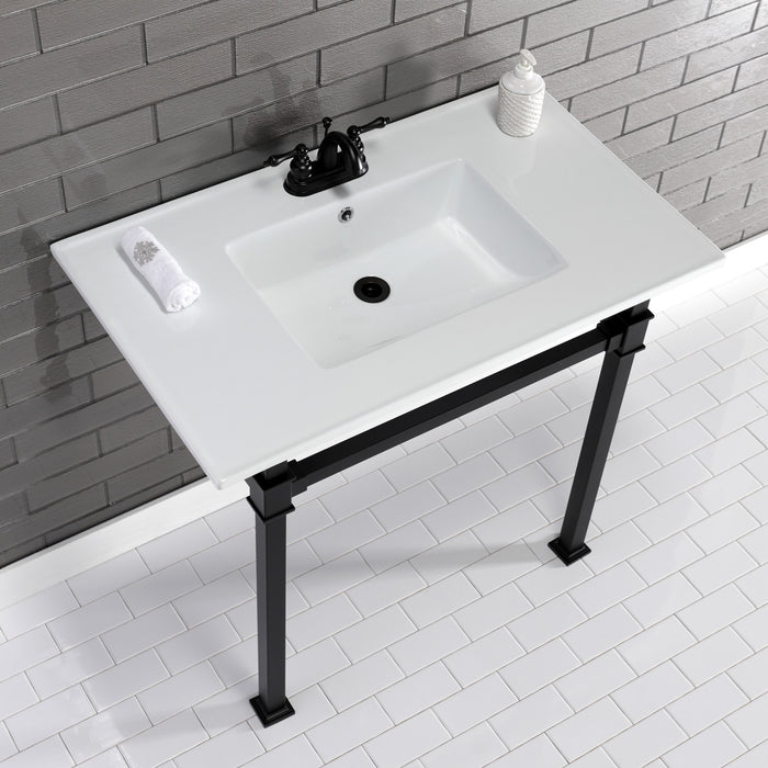 Kingston Sona KVPB37224Q0 - Monarch 37-Inch Ceramic Console Sink with Stainless Steel Legs (4-Inch, 3-Hole), White/Matte Black