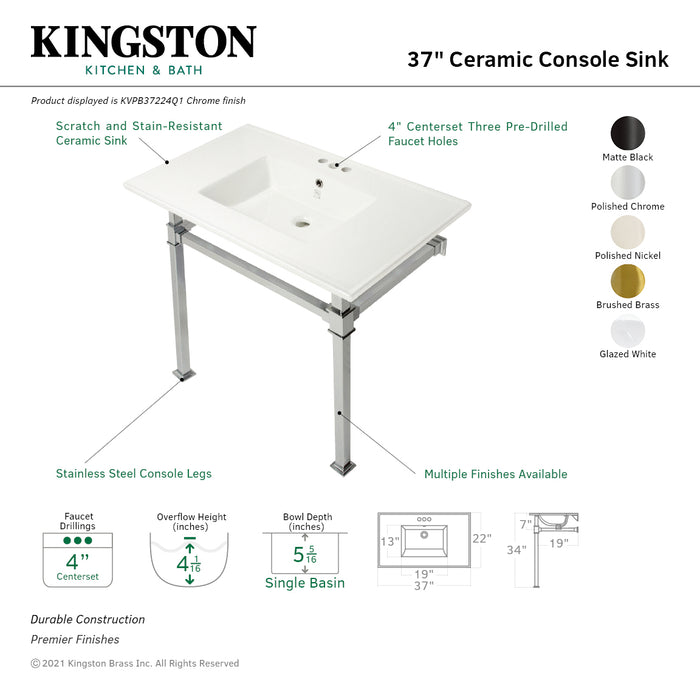 Kingston Sona KVPB37224Q1 - Monarch 37-Inch Ceramic Console Sink with Stainless Steel Legs (4-Inch, 3-Hole), White/Polished Chrome