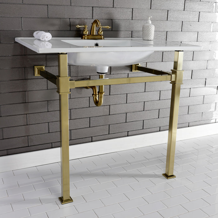Kingston Sona KVPB37224Q7 - Monarch 37-Inch Ceramic Console Sink with Stainless Steel Legs (4-Inch, 3-Hole), White/Brushed Brass