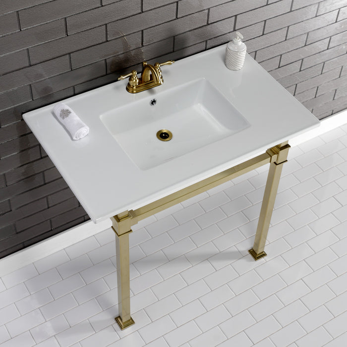 Kingston Sona KVPB37224Q7 - Monarch 37-Inch Ceramic Console Sink with Stainless Steel Legs (4-Inch, 3-Hole), White/Brushed Brass
