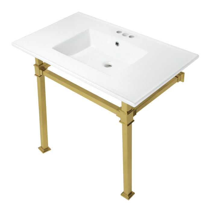 Kingston Sona KVPB37224Q7 - Monarch 37-Inch Ceramic Console Sink with Stainless Steel Legs (4-Inch, 3-Hole), White/Brushed Brass