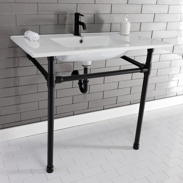 Kingston Tulare KVPB3722710 - Dreyfuss 37-Inch Ceramic Console Sink with Stainless Steel Legs (1-Hole), White/Matte Black