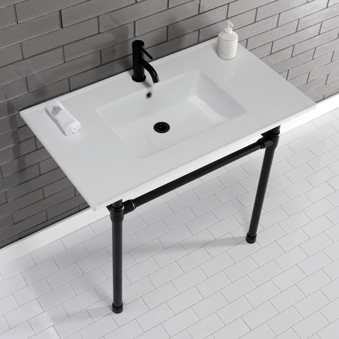 Kingston Tulare KVPB3722710 - Dreyfuss 37-Inch Ceramic Console Sink with Stainless Steel Legs (1-Hole), White/Matte Black