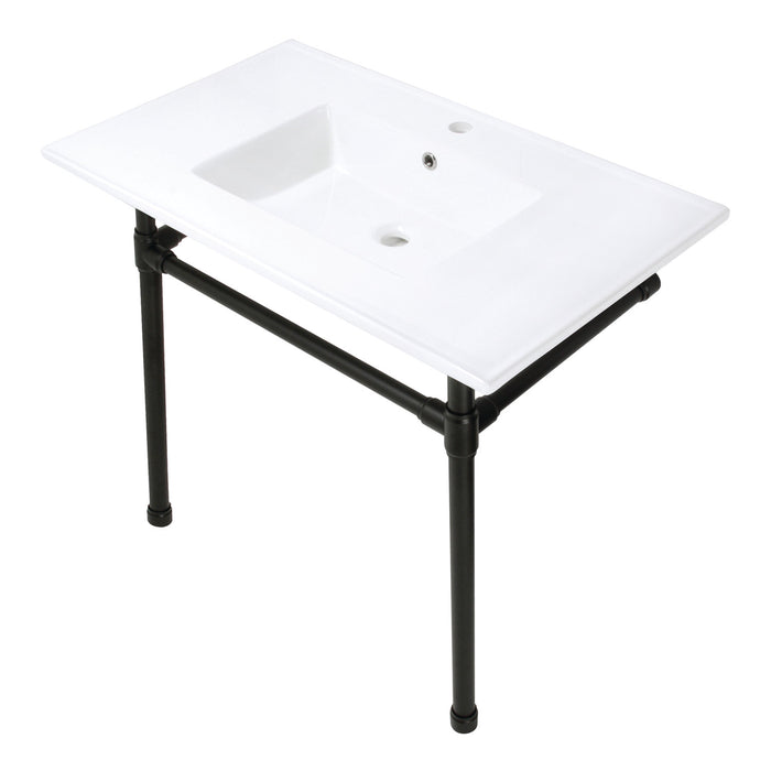 Kingston Tulare KVPB3722710 - Dreyfuss 37-Inch Ceramic Console Sink with Stainless Steel Legs (1-Hole), White/Matte Black