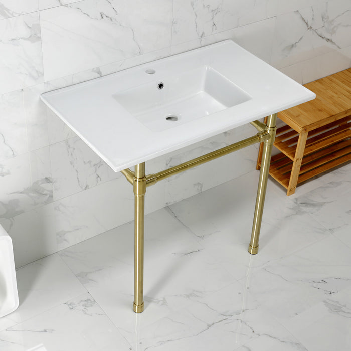 Kingston Tulare KVPB3722717 - Dreyfuss 37-Inch Ceramic Console Sink with Stainless Steel Legs (1-Hole), White/Brushed Brass